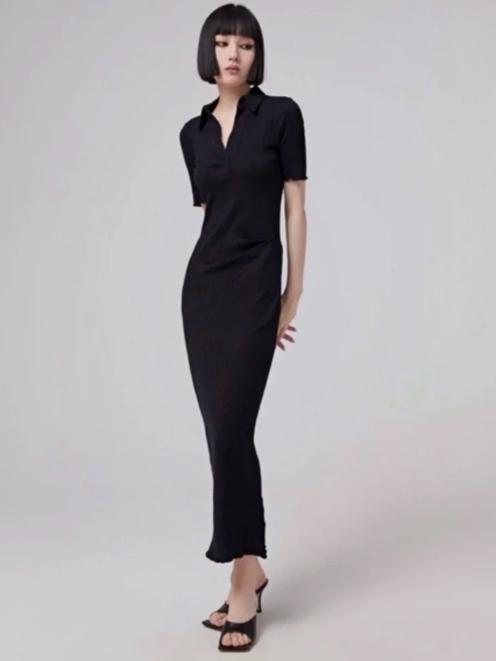 Helmut Lang Classic Black Ribbed Polo Midi Dress